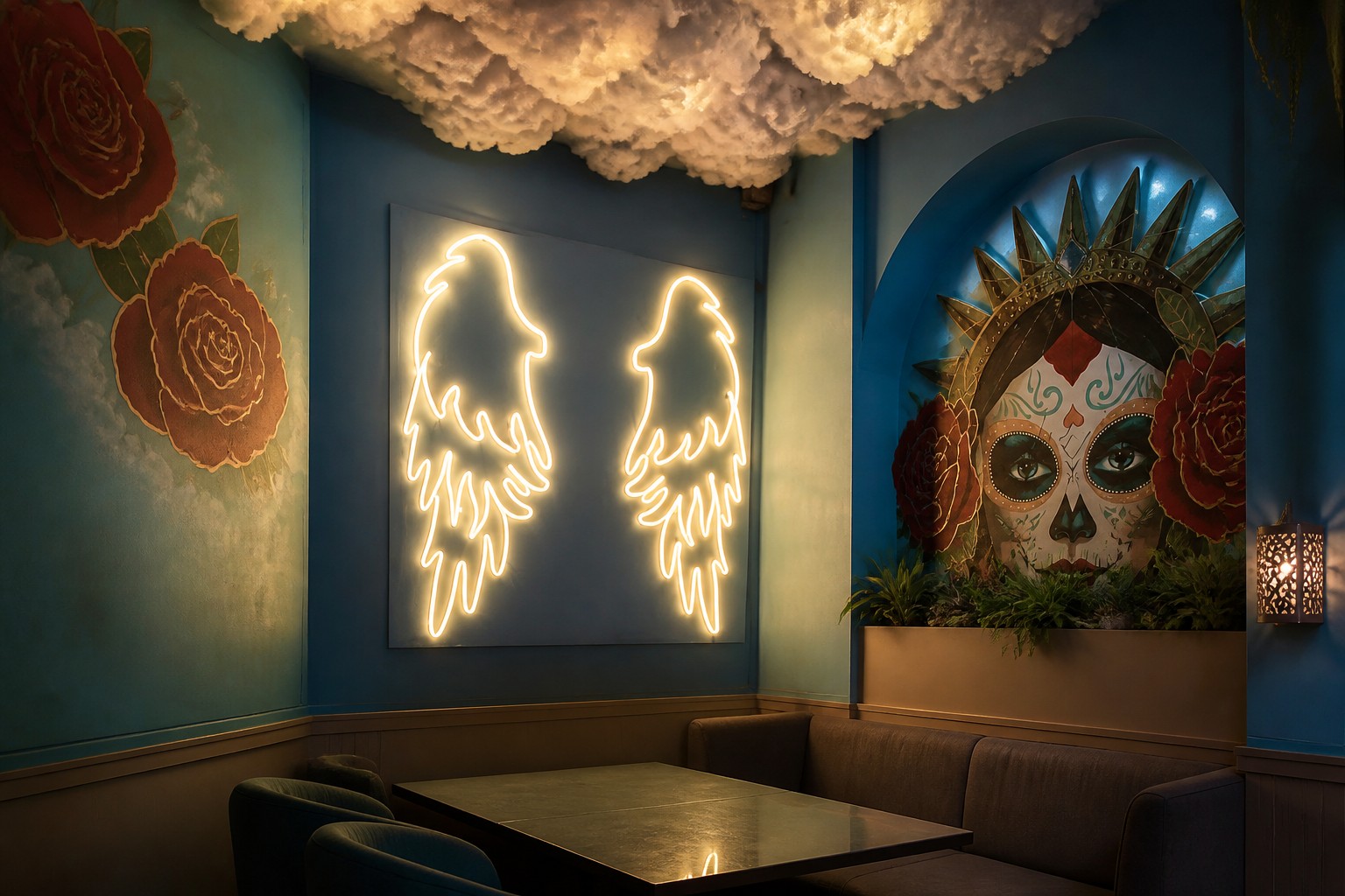 Ambiente Cielo de Catrinka con alas luminosas y techo de nubes