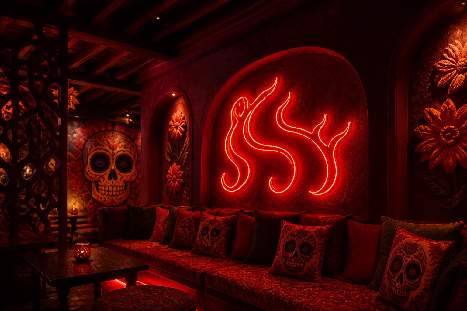Ambiente Infierno de Catrinka con iluminación roja y ornamentos florales