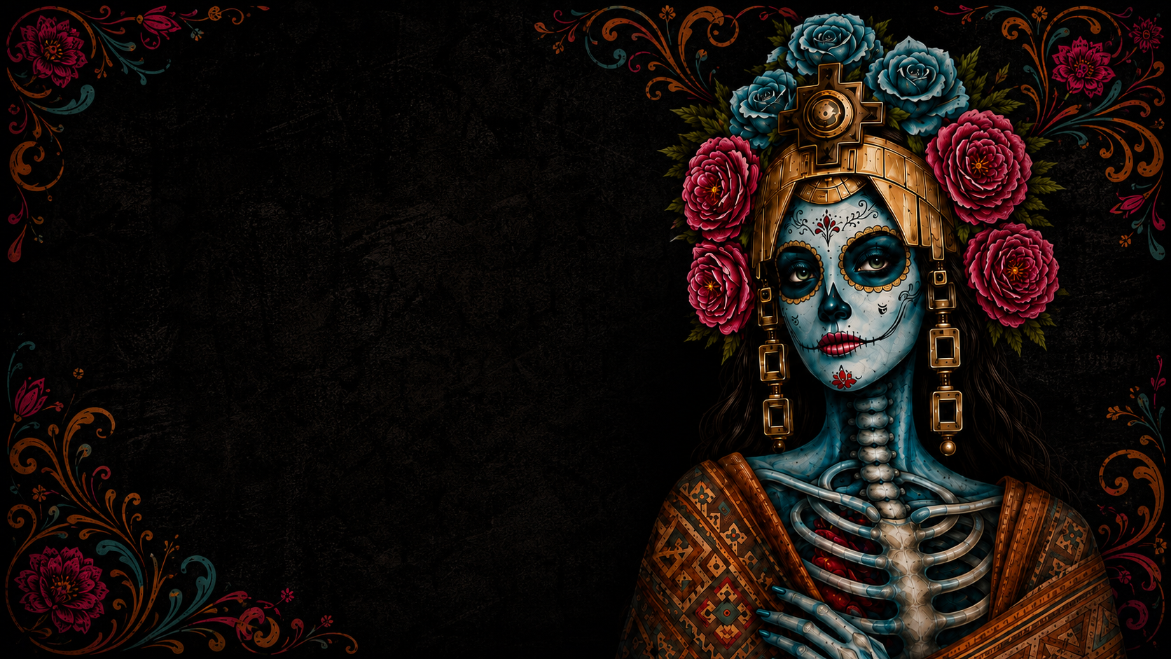 Catrinka, figura artística con maquillaje de calavera, flores y tocado dorado